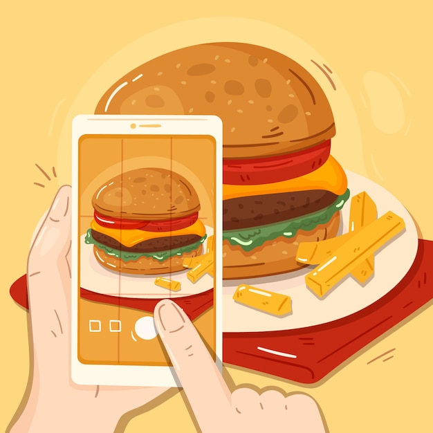 Free Vector hand drawn people taking pictures of food illustration