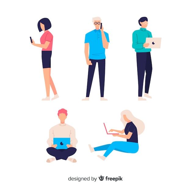 Free vector hand drawn people using technological devices collection