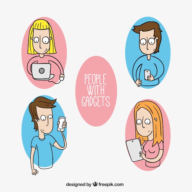 Hand drawn people using technology