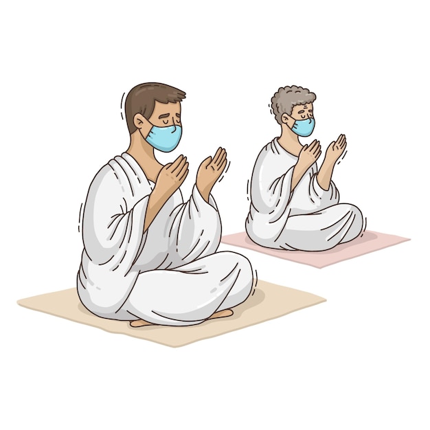 Hand drawn people with face masks celebrating hajj illustration