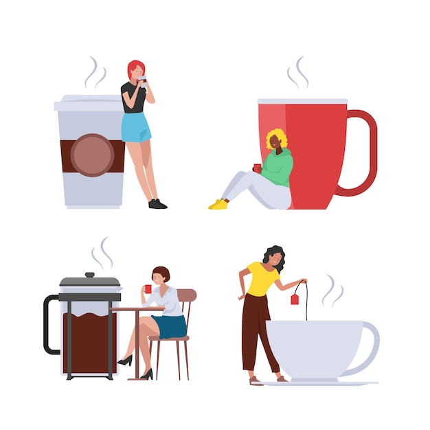 Free Vector hand drawn people with hot drinks set