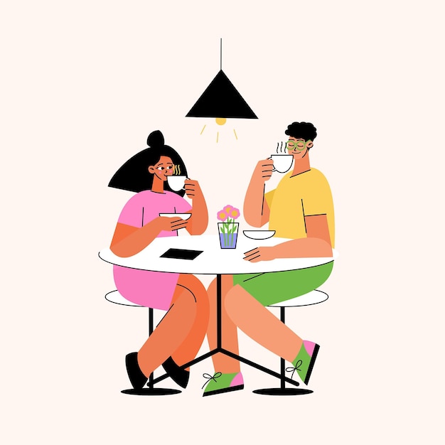 Hand drawn people with hot drinks at table