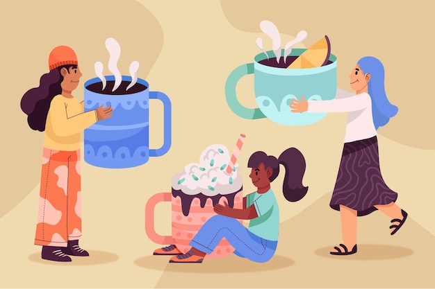 Free Vector hand drawn people with hot drinks