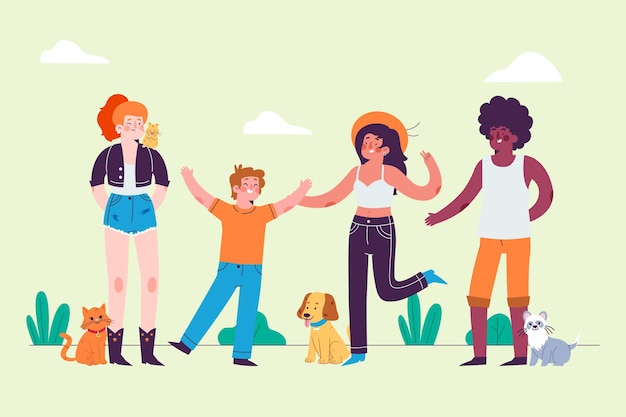 Free Vector hand drawn people with pets