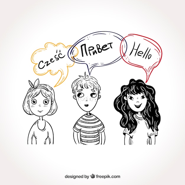 Free vector hand drawn people with speech bubbles in different languages