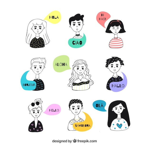 Hand drawn people with speech bubbles in different languages