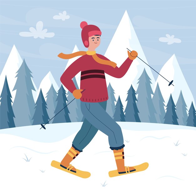 Hand drawn person snowshoeing illustration