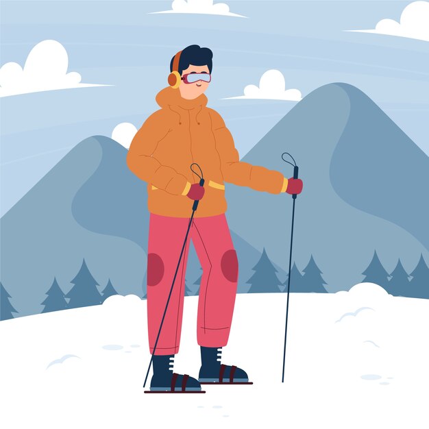 Hand drawn person snowshoeing illustration