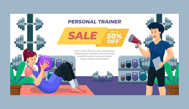 Hand drawn personal trainer sale banner