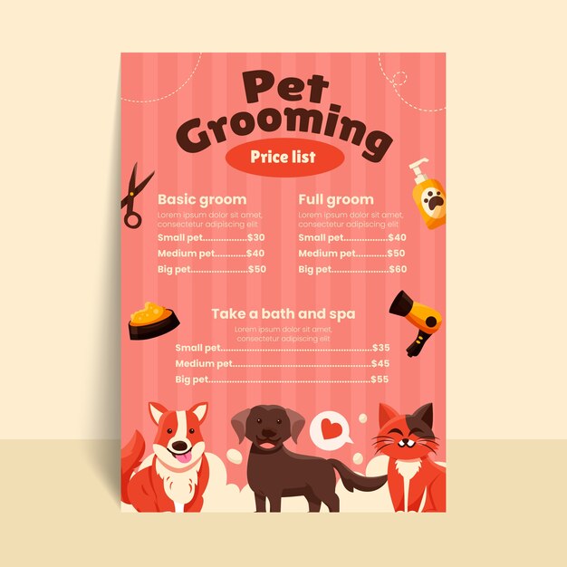 Hand drawn pet grooming price list template