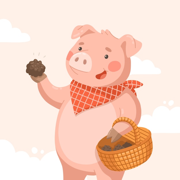 Hand drawn pig holding truffle illustration