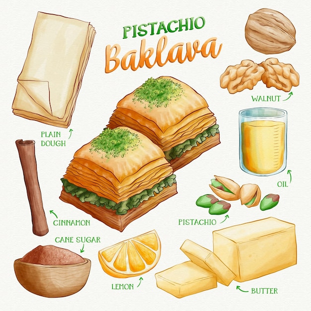 Hand drawn pistachio baklava recipe