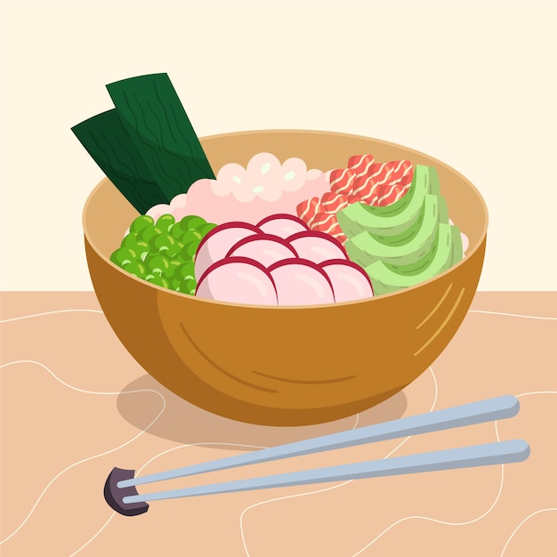 Hand drawn poke bowl food illustration