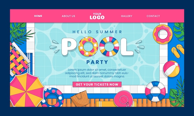 Hand drawn pool party landing page template