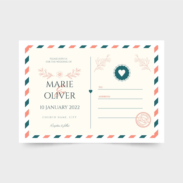 Hand drawn postcard wedding invitations