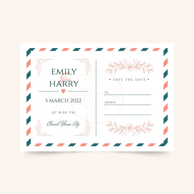 Hand drawn postcard wedding invitations