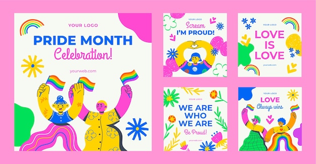 Hand drawn pride month instagram posts collection