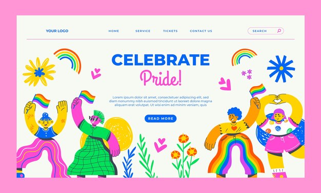 Hand drawn pride month landing page template