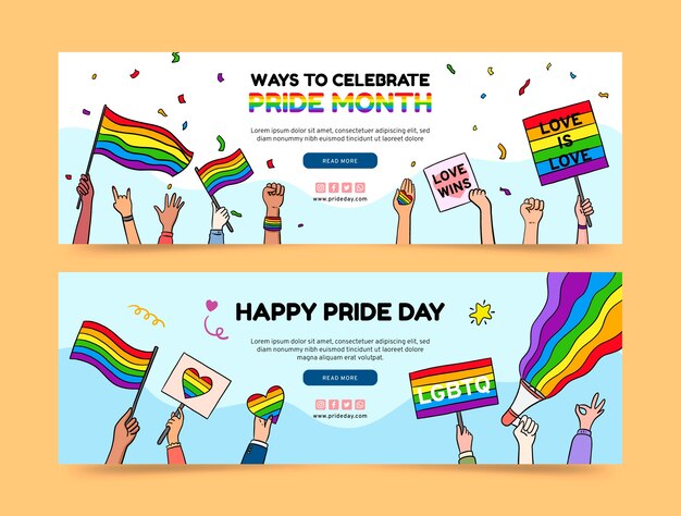 Hand drawn pride month lgbt horizontal banners collection