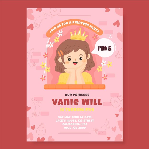 Hand drawn princess birthday invitation template