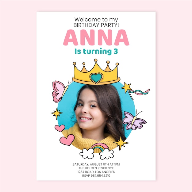 Hand drawn princess birthday invitation with photo template