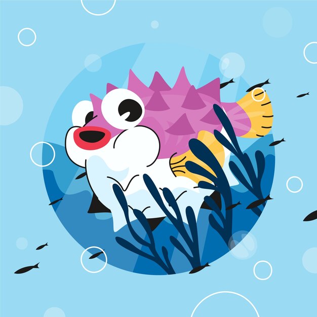 Hand drawn pufferfish cartoon illustration