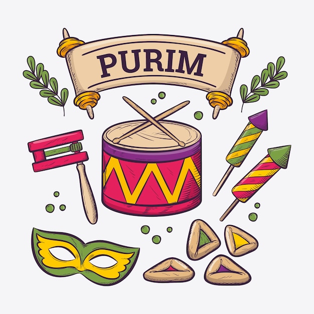 Hand drawn purim elements collection