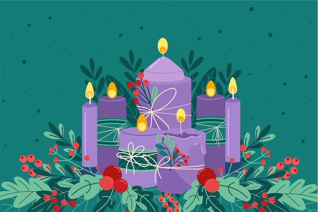 Free Vector hand drawn purple candles advent background