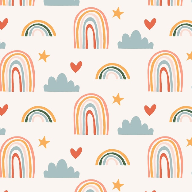 Hand drawn rainbow pattern with heart shapes