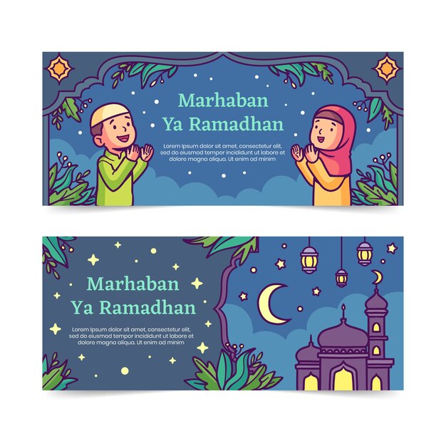 Hand drawn ramadan horizontal banners pack