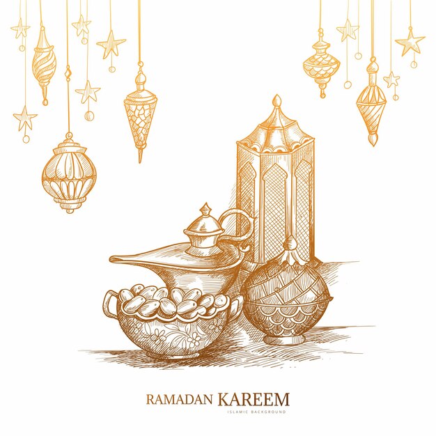 Hand drawn ramadan kareem greeting card sketch design