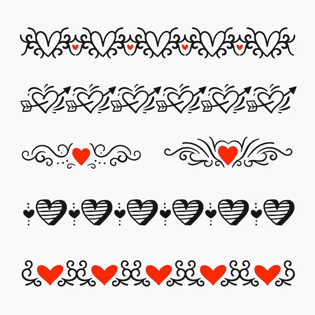 Hand drawn red and black hearts frame set