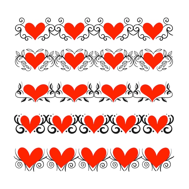 Hand drawn red hearts frame set