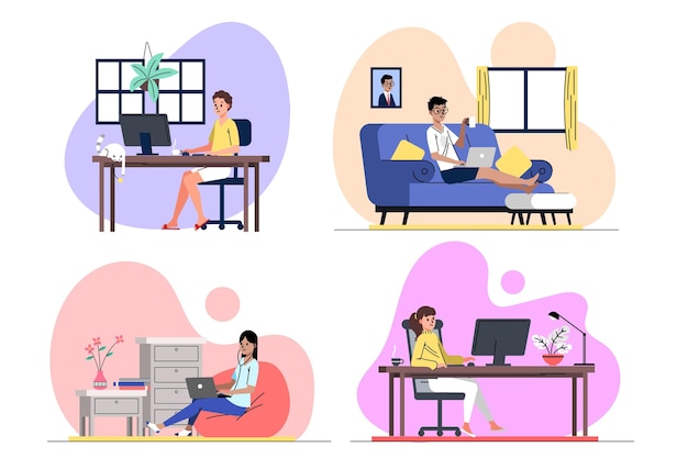 Hand drawn remote working scenes