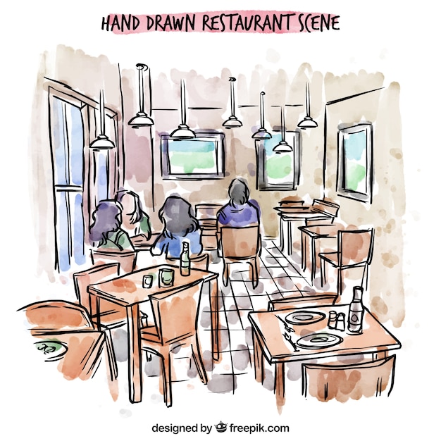 Free Vector hand drawn restaurant scene, people inside