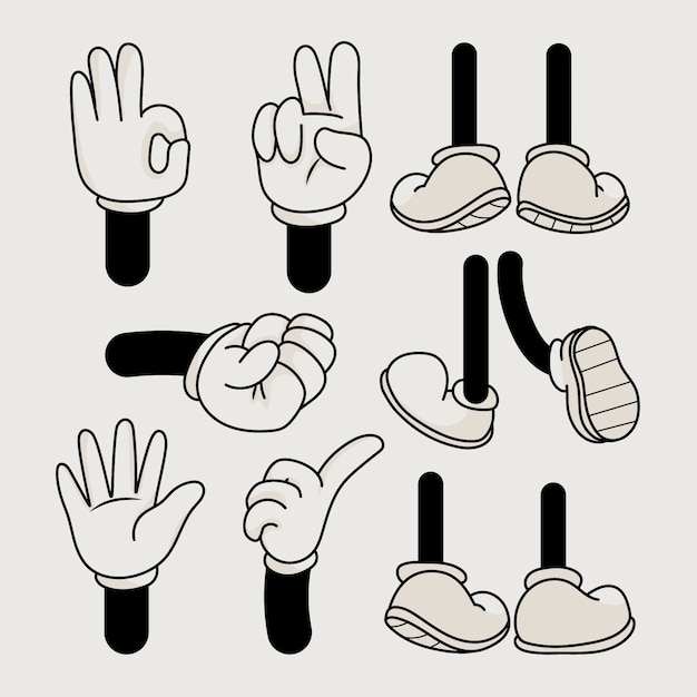 Hand drawn retro cartoon hand and feet illustration