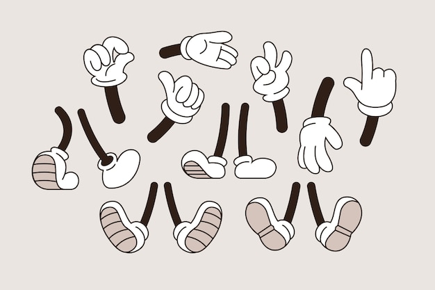 Hand drawn retro cartoon hand and feet illustration