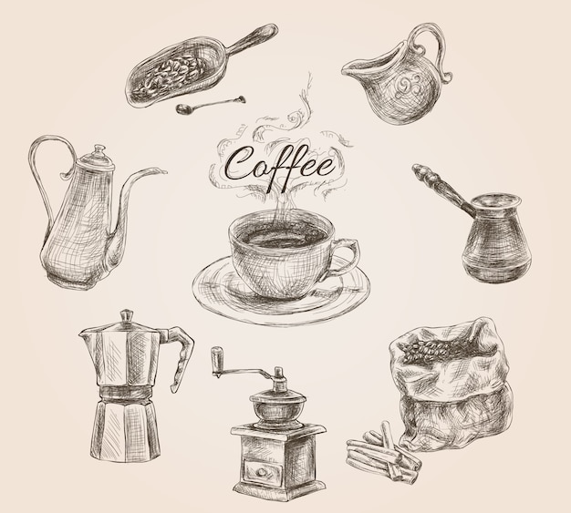 Hand drawn retro coffee set