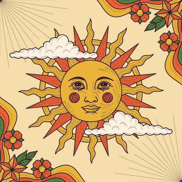 Hand drawn retro sun illustration