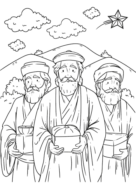 Free Vector hand drawn reyes magos coloring page illustration