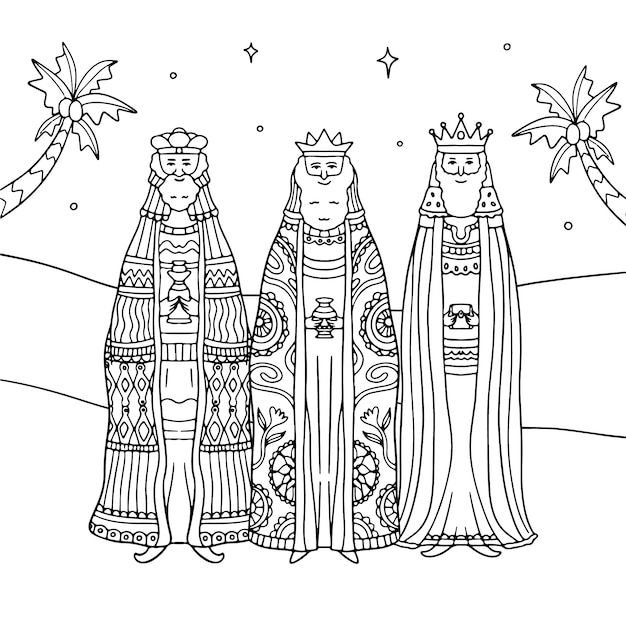 Free vector hand drawn reyes magos coloring page illustration