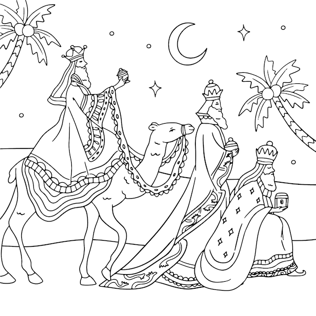 Hand drawn reyes magos coloring page illustration