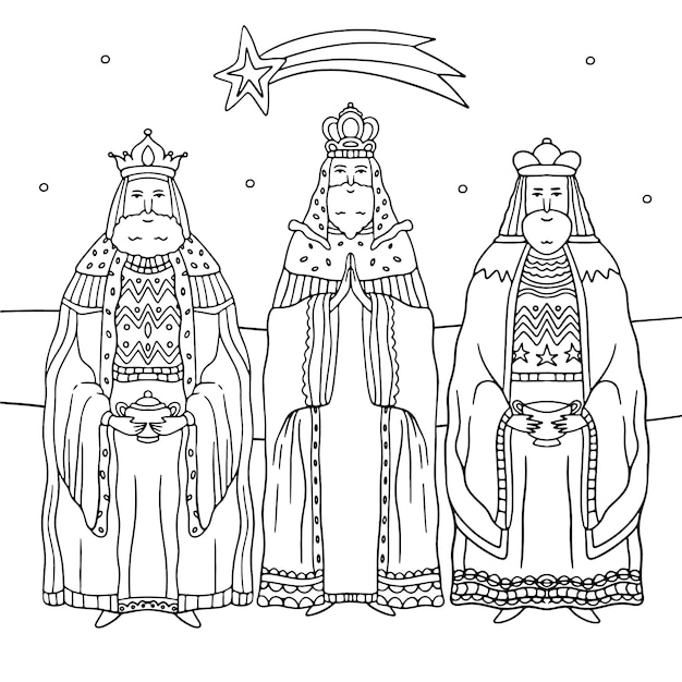 Hand drawn reyes magos coloring page illustration