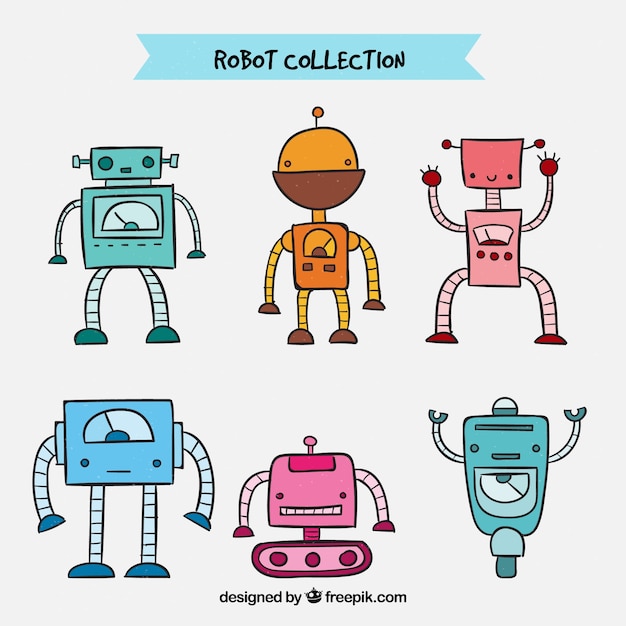 Hand drawn robot collection with different poses