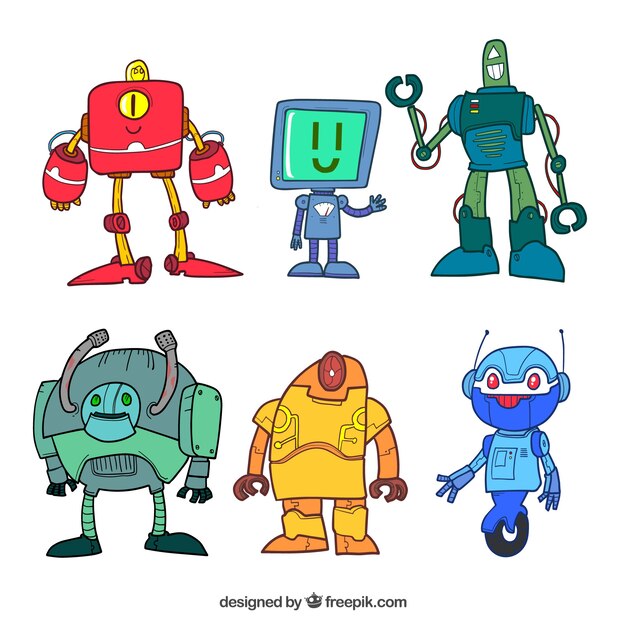 Hand drawn robot collection with different poses