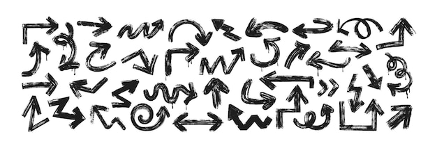 Free Vector hand drawn rough arrows different shapes on white background black bold brush stroke spiral curly