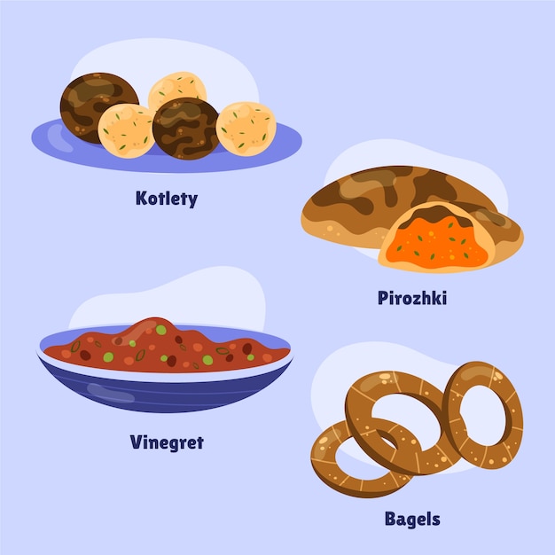 Hand drawn russian cuisine foods collection