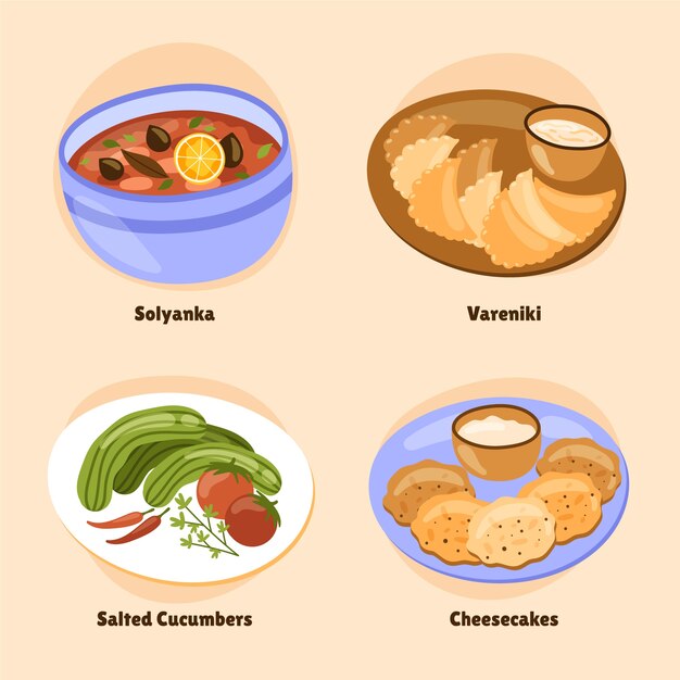 Hand drawn russian cuisine foods collection