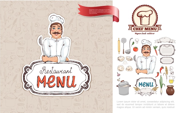 Free Vector hand drawn russian cuisine restaurant concept with chef holding strainer vegetables kitchenware juice mushrooms bowl of soup dumplings   illustration