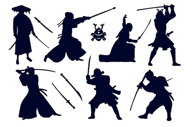 Free vector hand drawn samurai  silhouette set